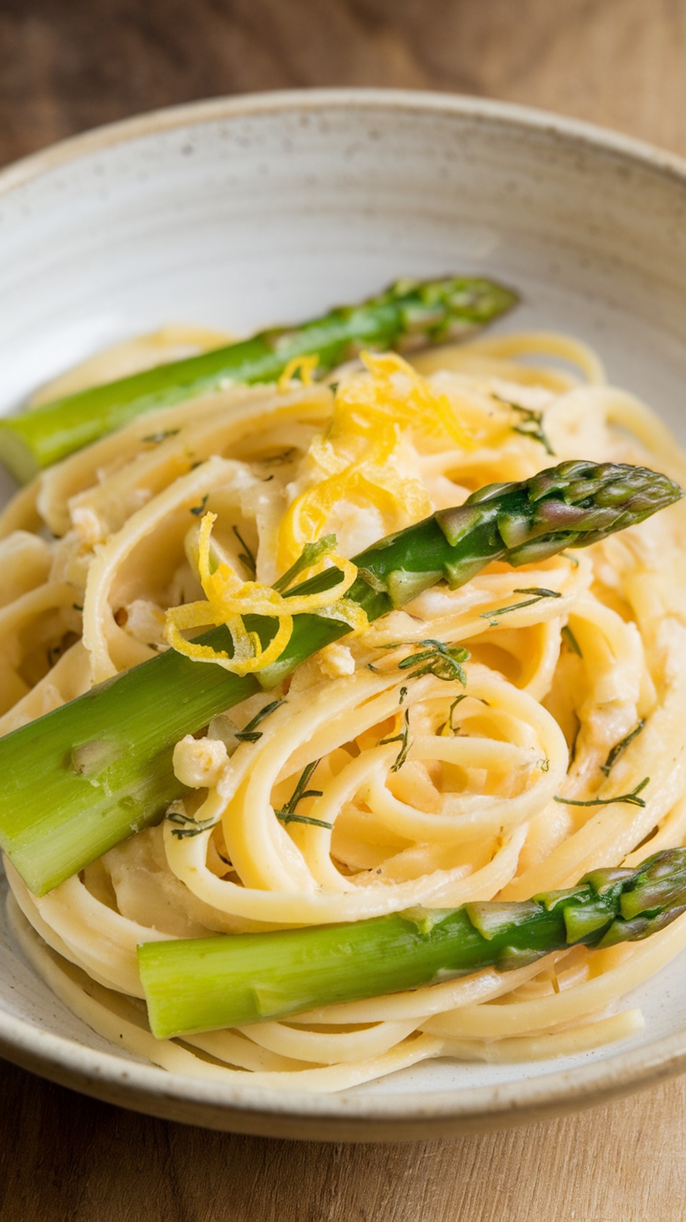 A bowl of pasta with lemon, garlic, and asparagus garnished with lemon zest.