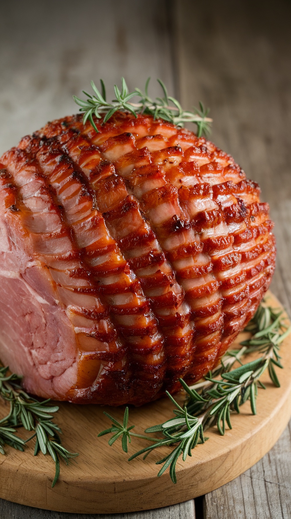 A beautifully glazed ham with a crisscross pattern, garnished with fresh rosemary.