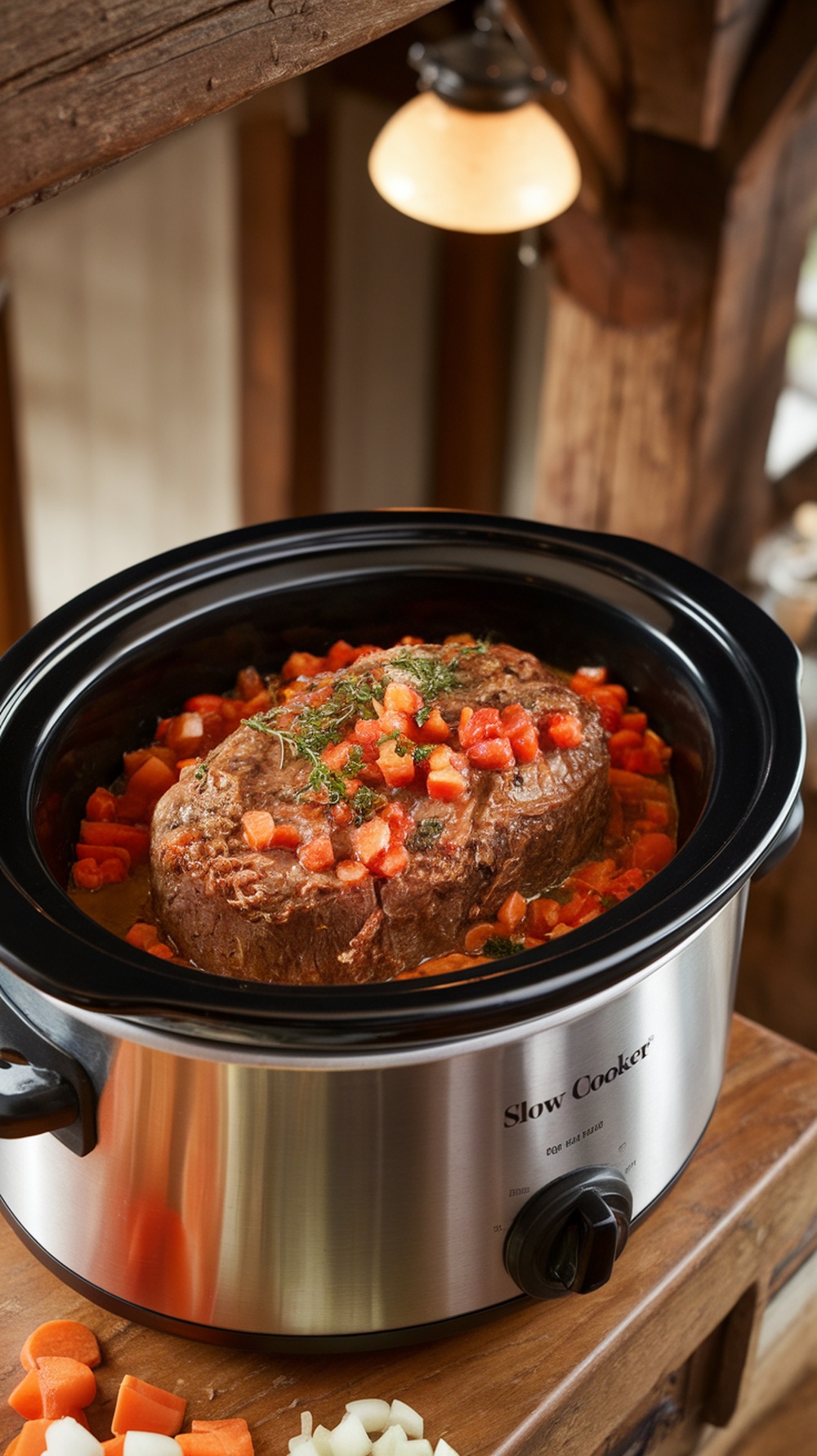 A slow cooker filled with Italian-style pot roast, tomatoes, and vegetables.