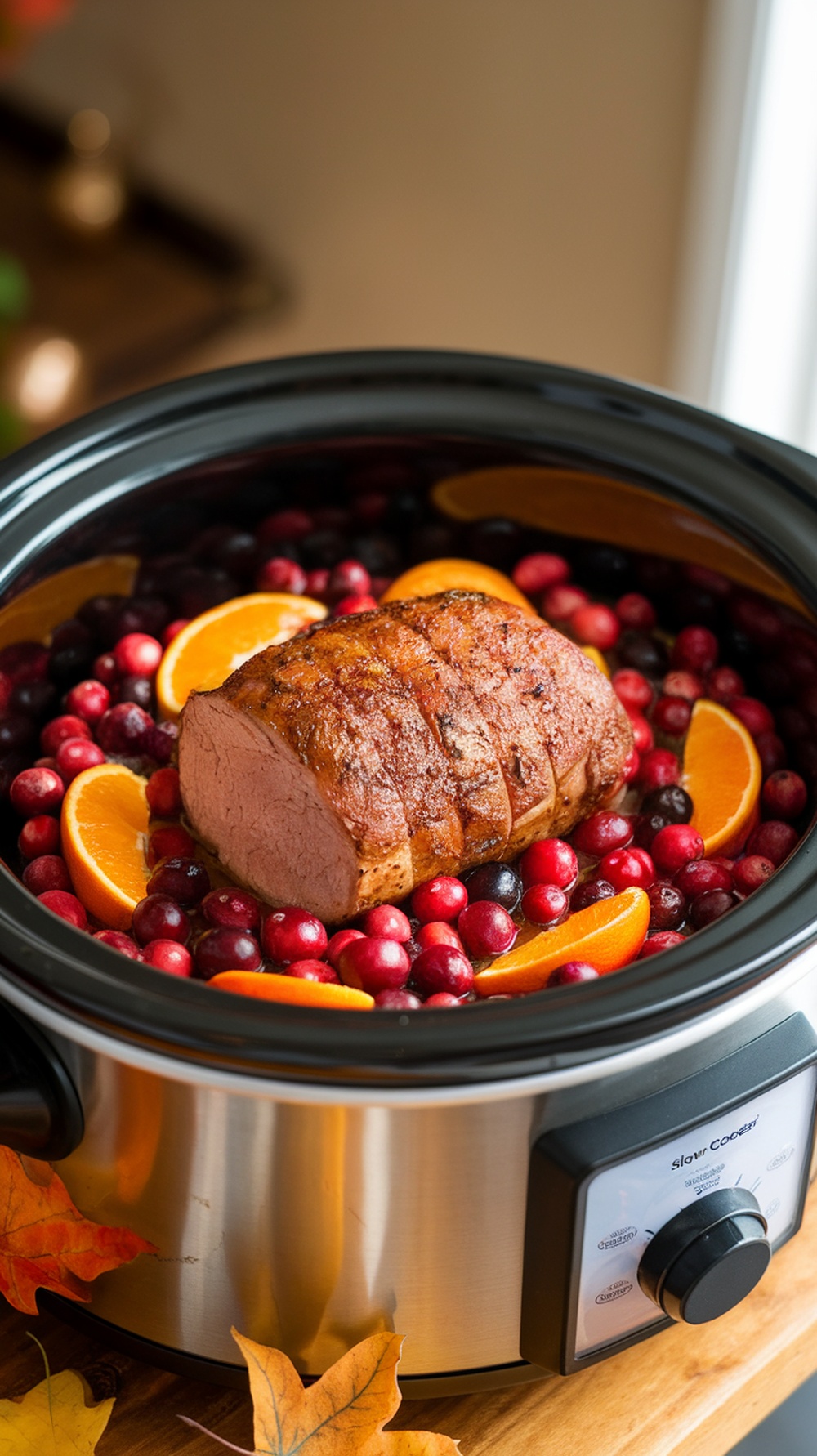 A slow cooker filled with pork tenderloin surrounded by cranberries and orange slices.