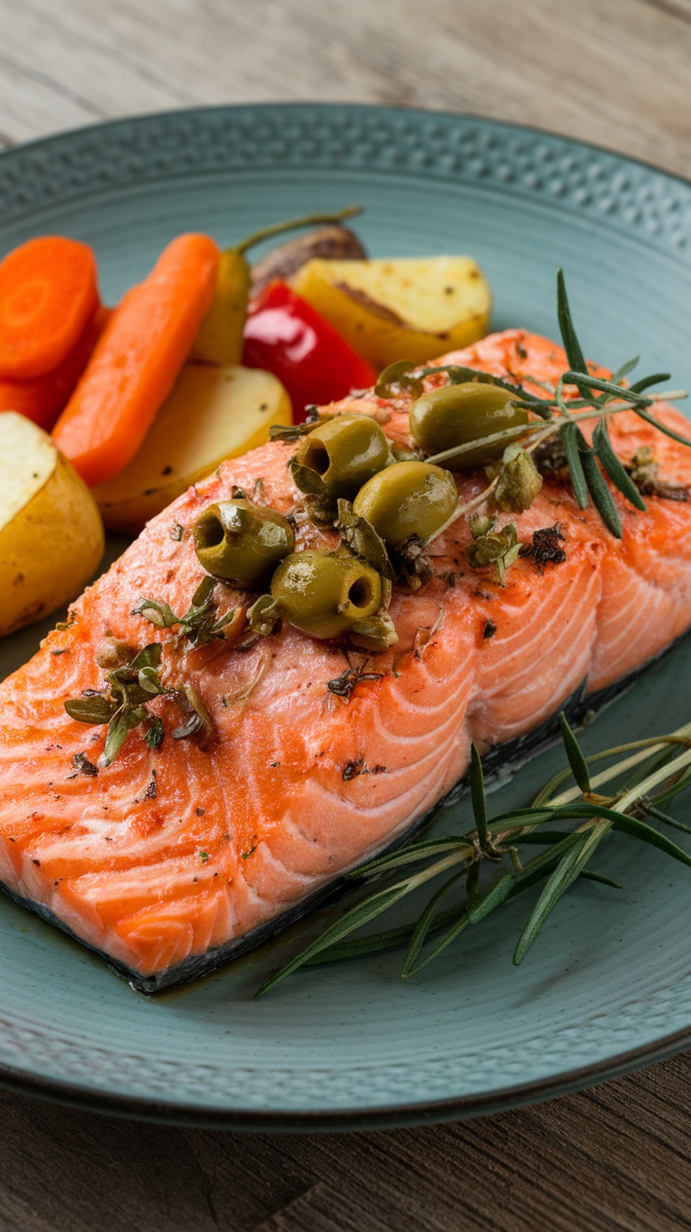 A plate of baked salmon with olives, served with colorful vegetables.