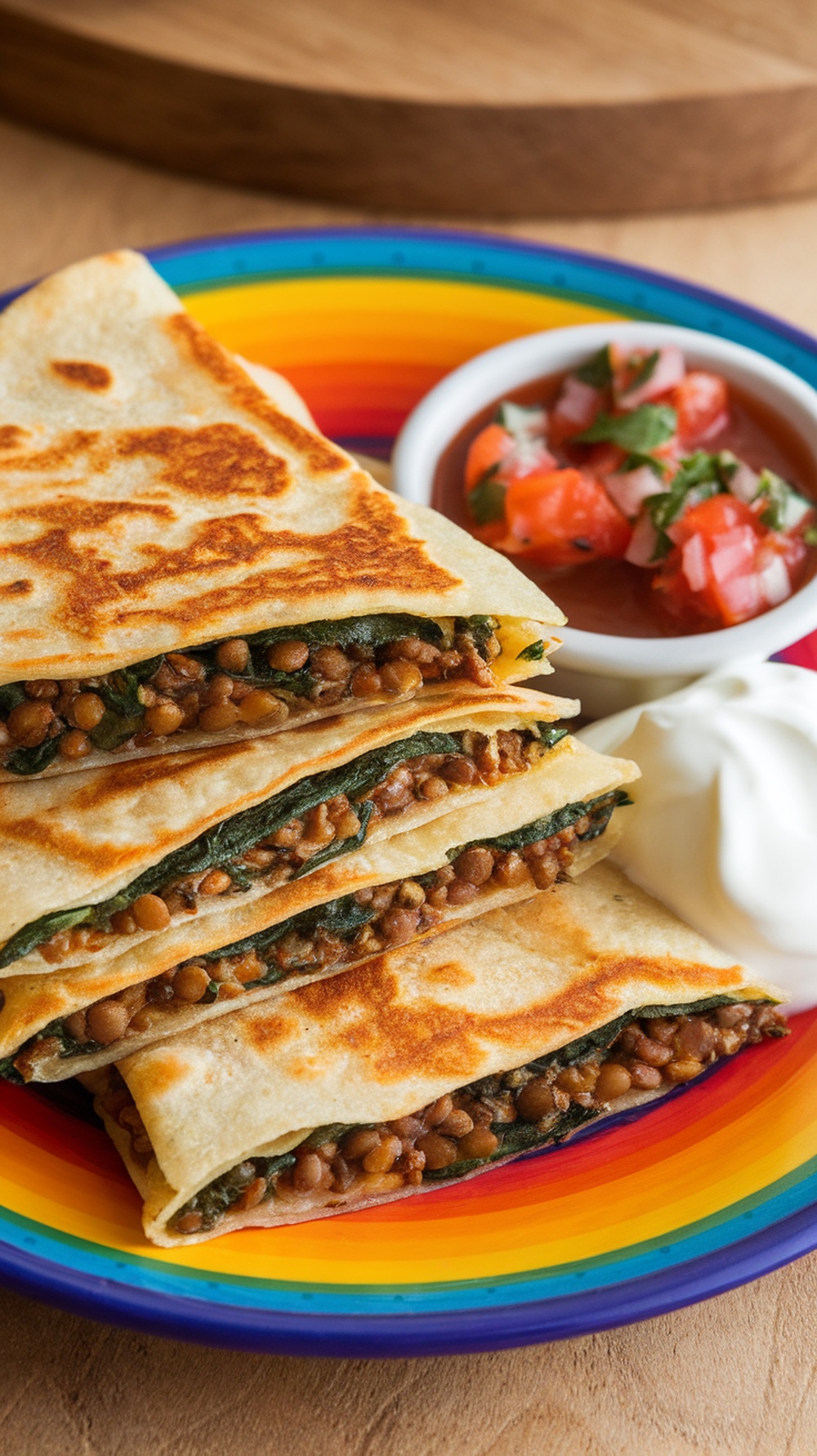Lentil and Spinach Quesadillas on a colorful plate with salsa