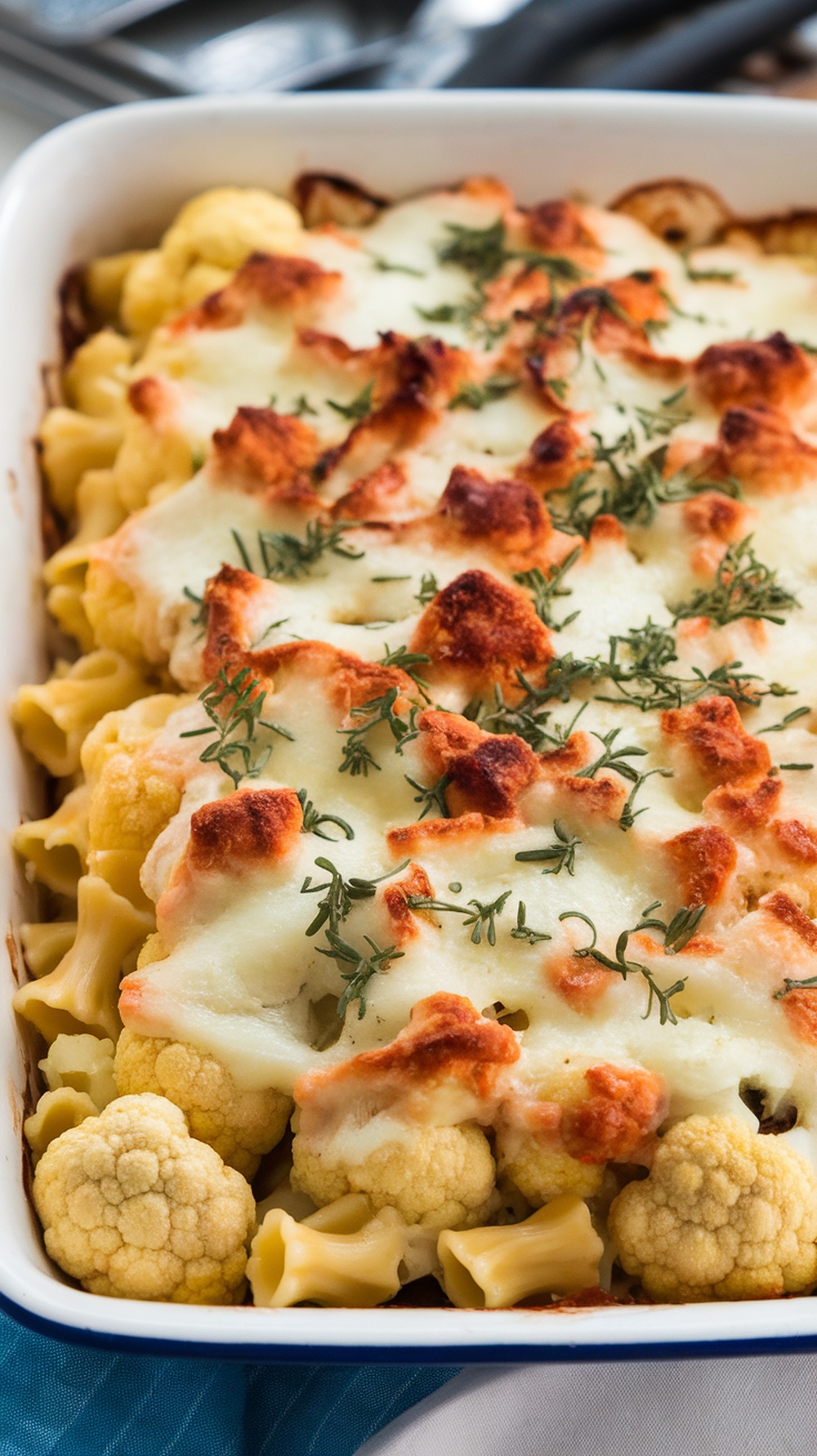 A delicious cauliflower pasta bake topped with melted mozzarella cheese and fresh herbs.