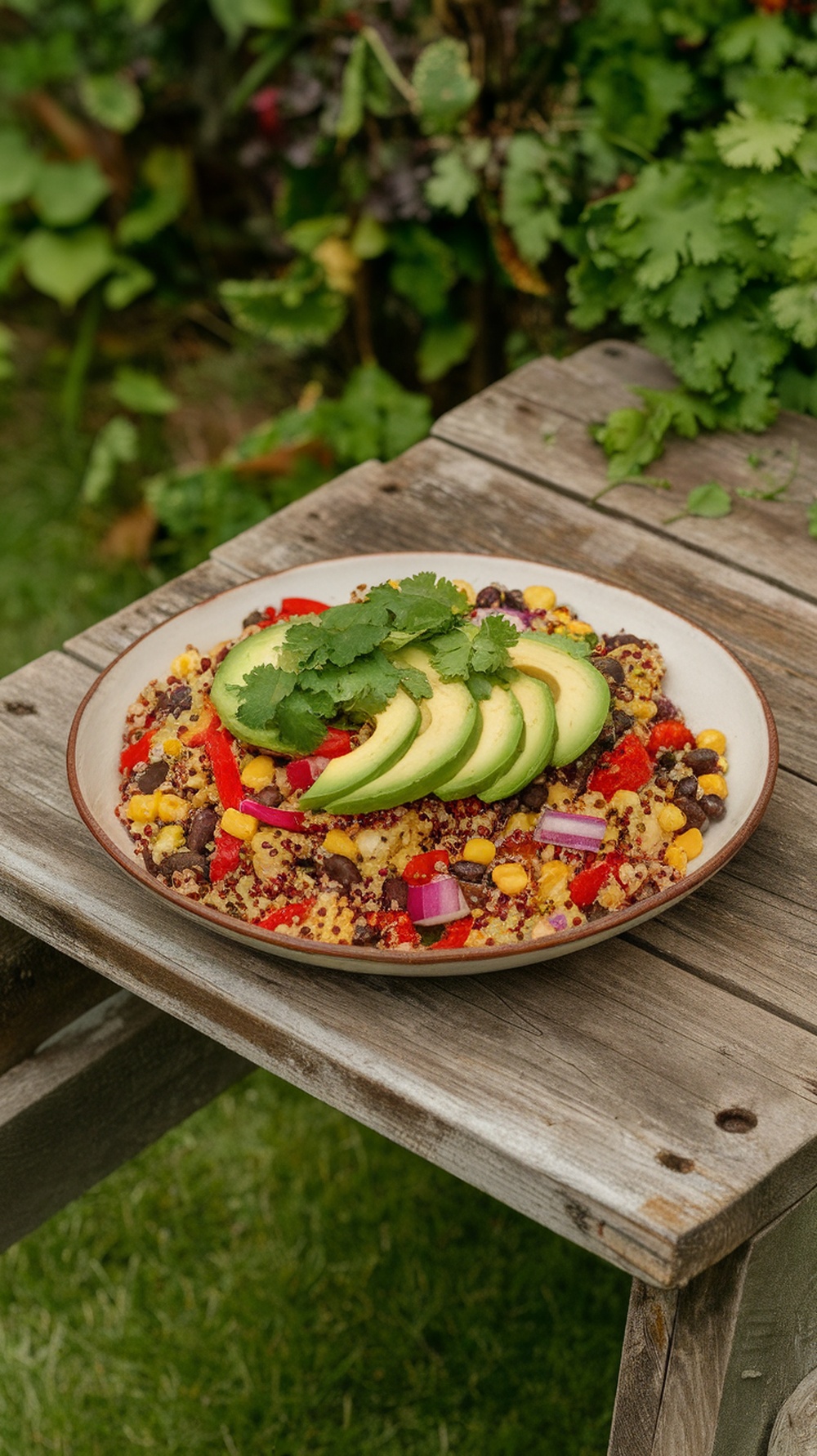 A colorful quinoa and black bean salad topped with avocado and cilantro, served on a rustic wooden table.