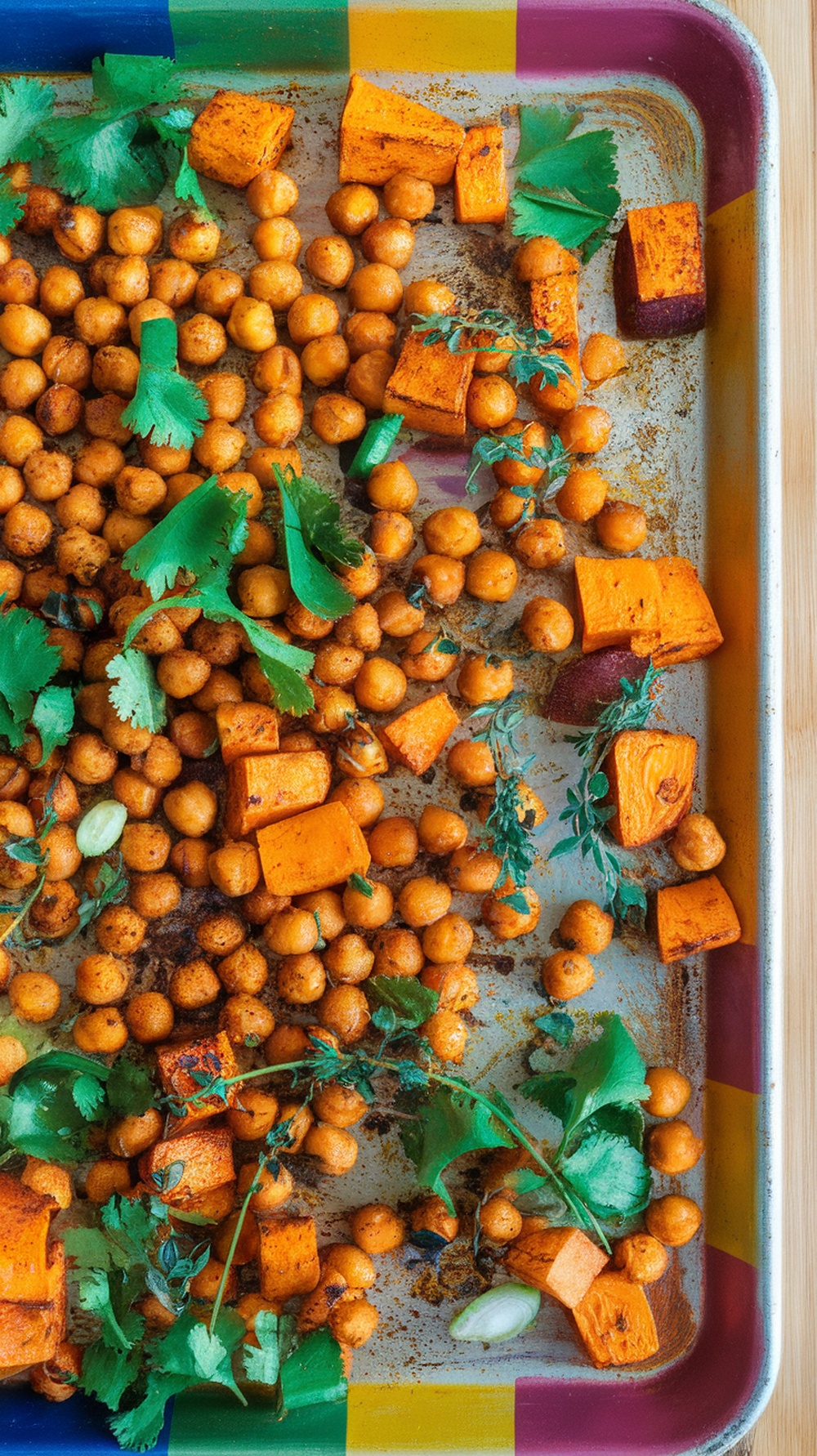 A colorful sheet pan filled with roasted chickpeas and sweet potatoes garnished with fresh herbs.