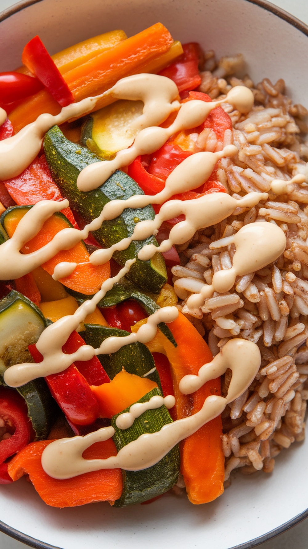 A colorful harvest vegetable and brown rice bowl topped with tahini sauce.