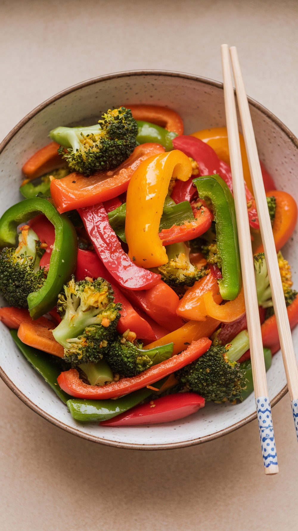 A bowl of colorful veggie stir-fry with bell peppers and broccoli.