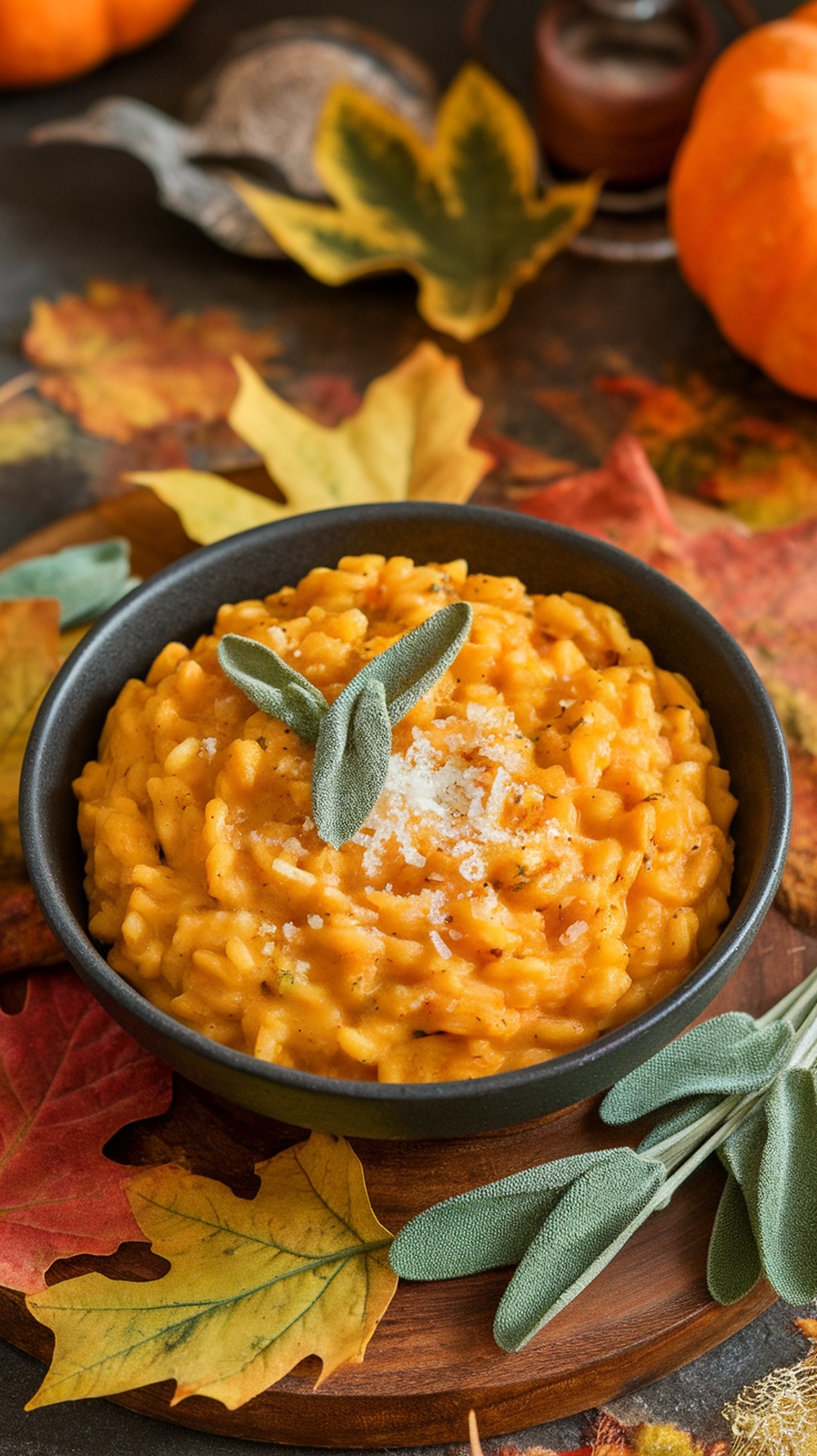 A bowl of creamy pumpkin risotto garnished with sage leaves, surrounded by autumn leaves.