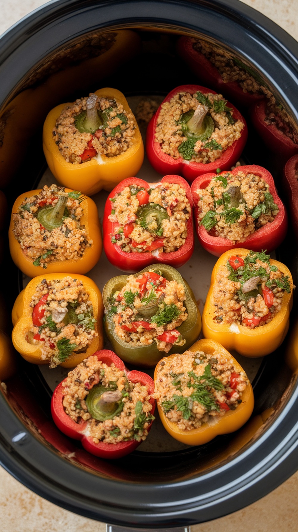 Colorful Mediterranean stuffed peppers filled with quinoa and chickpeas in a slow cooker.