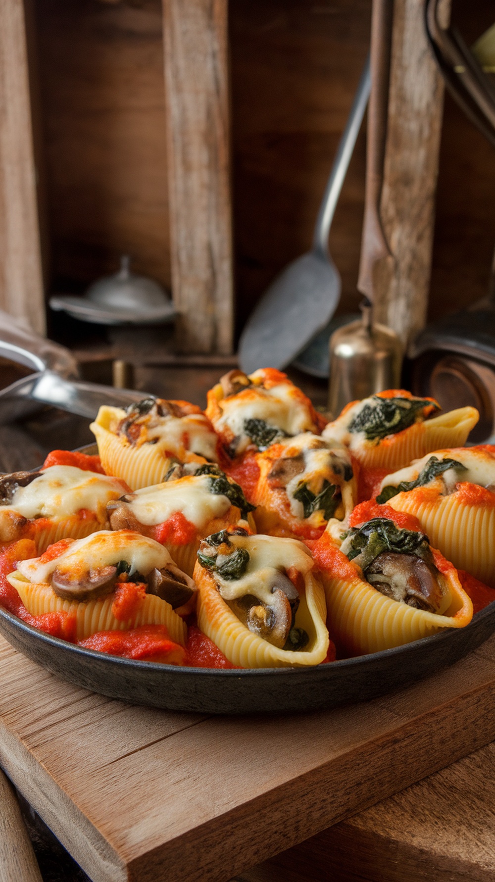 A plate of mushroom and spinach stuffed shells topped with marinara sauce and melted cheese.