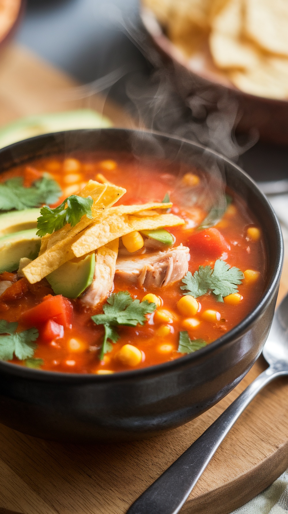 A bowl of steaming chicken tortilla soup topped with avocado, tortilla strips, and cilantro.