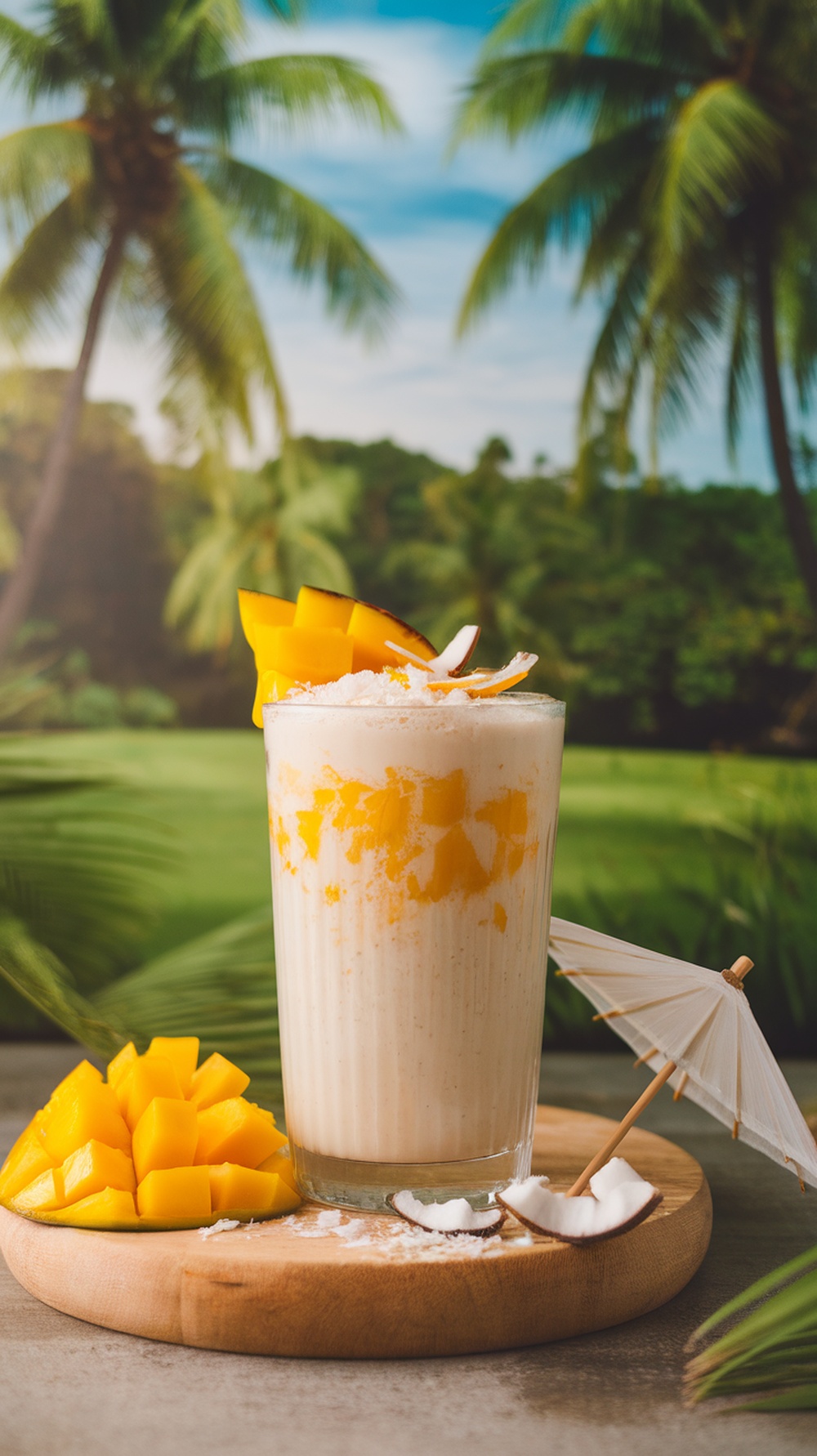 A refreshing glass of Tropical Mango Protein Oats topped with mango and coconut, set against a backdrop of palm trees.