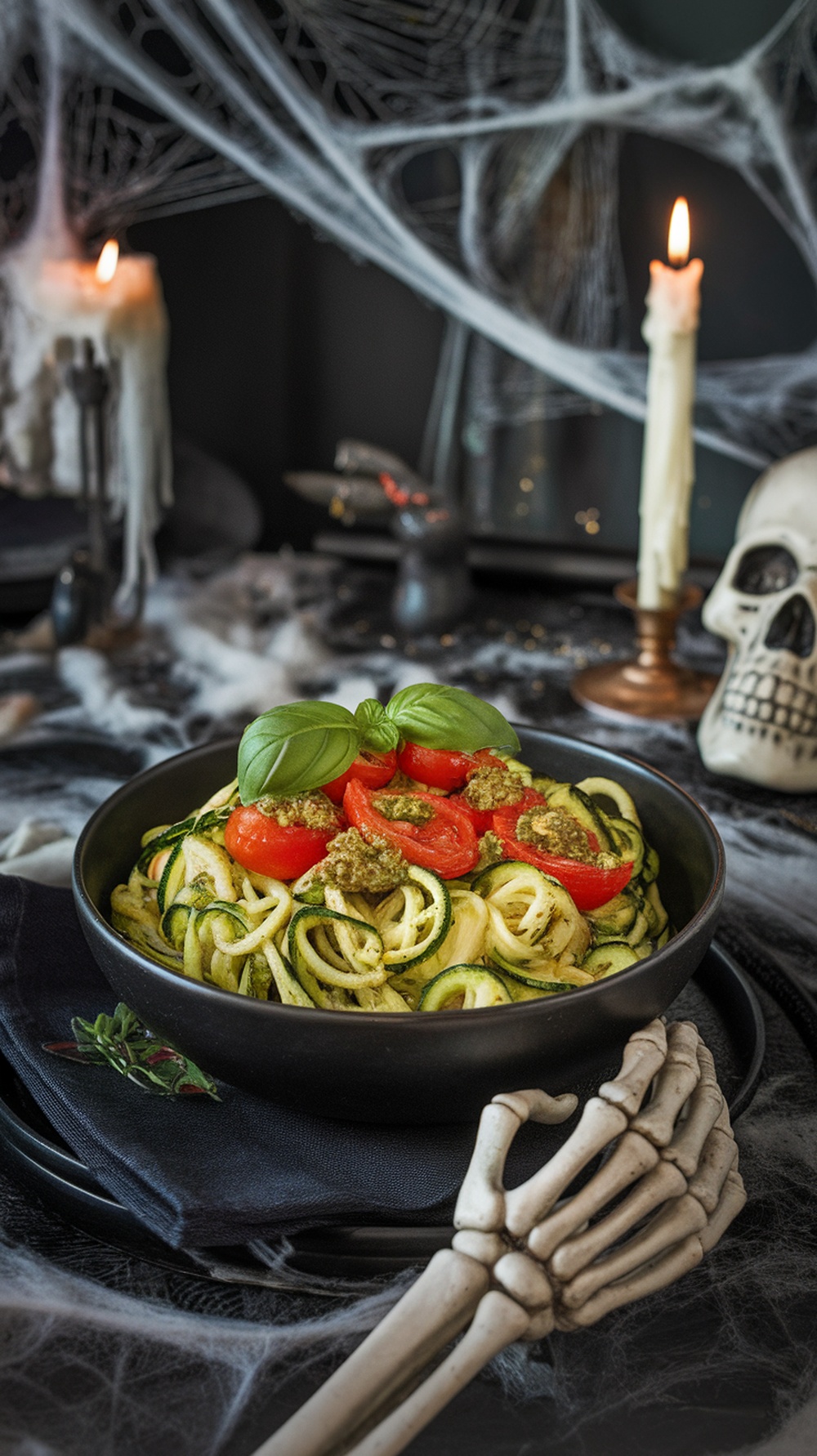 A bowl of zucchini noodles with pesto and cherry tomatoes, decorated for Halloween with candles and spider webs.