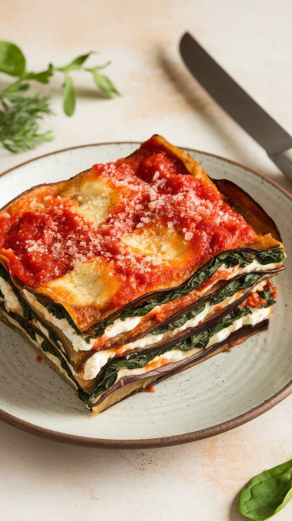 A delicious serving of eggplant lasagna layered with spinach and ricotta, topped with marinara sauce and cheese.