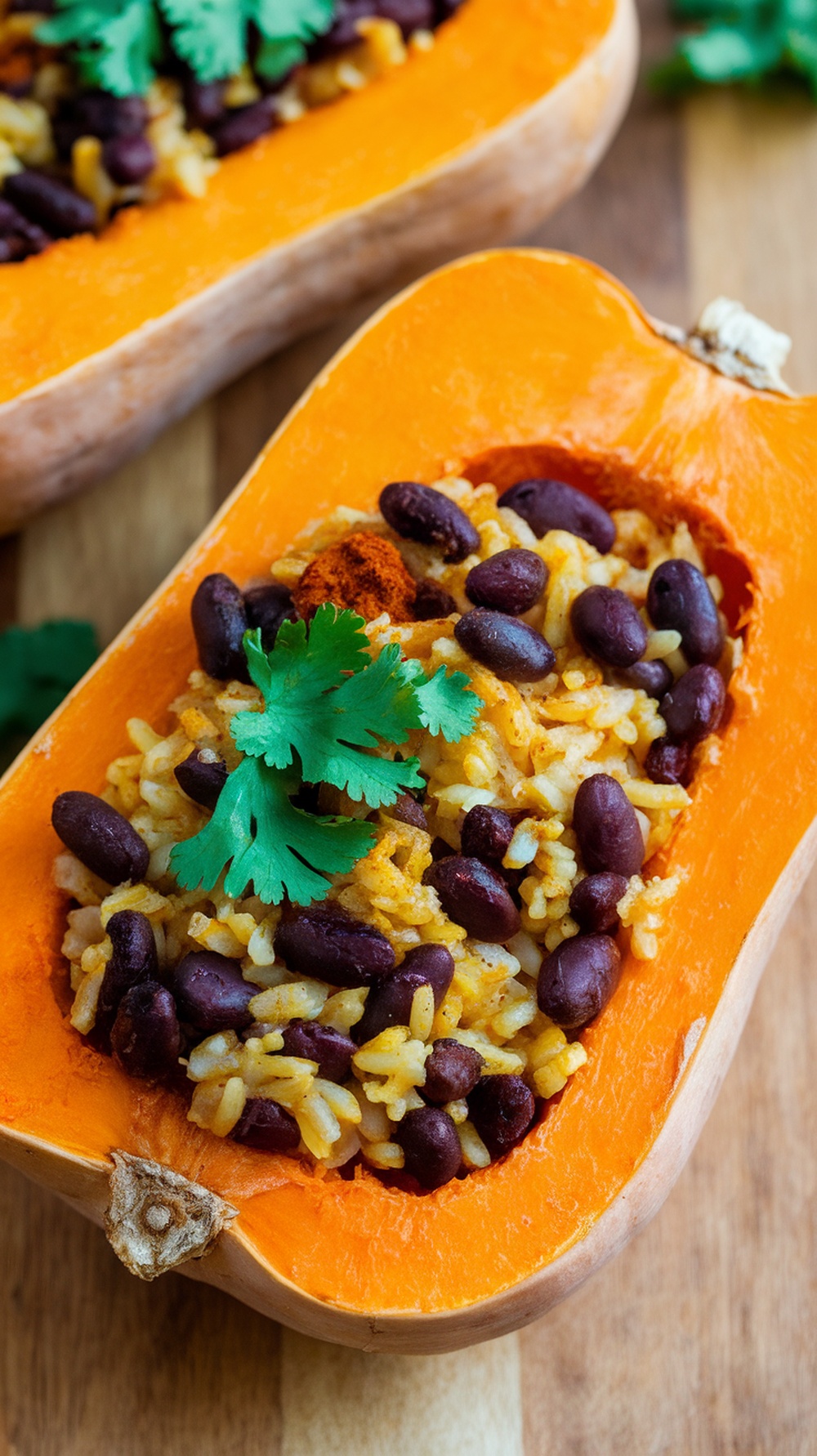 Stuffed butternut squash filled with black beans and rice, garnished with cilantro.