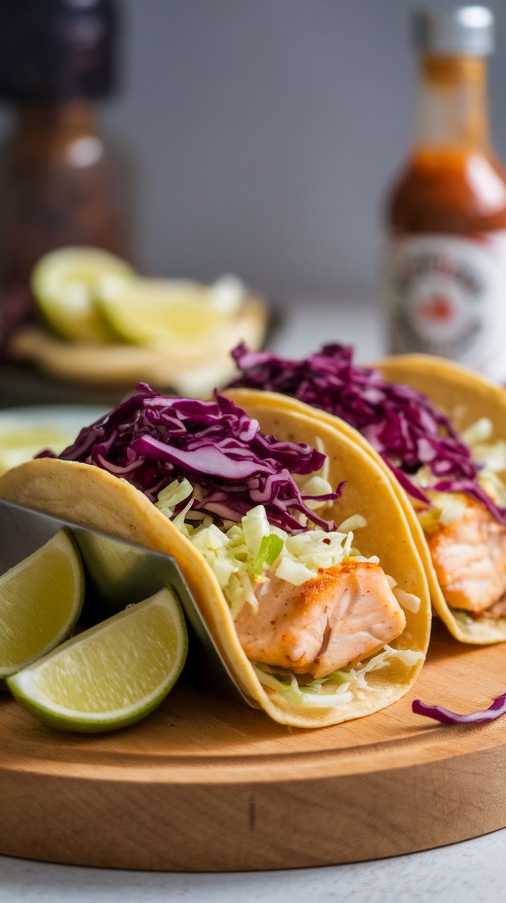 Baked fish tacos with cabbage slaw and lime wedges on a wooden board.