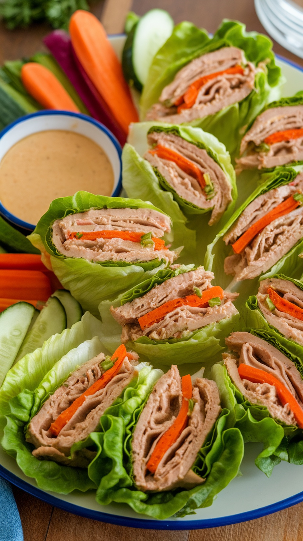 Turkey and hummus lettuce wraps with colorful vegetables and a bowl of hummus