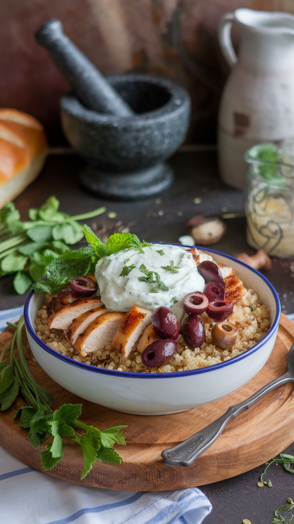 A Mediterranean quinoa bowl with grilled chicken, olives, and yogurt sauce garnished with fresh herbs.