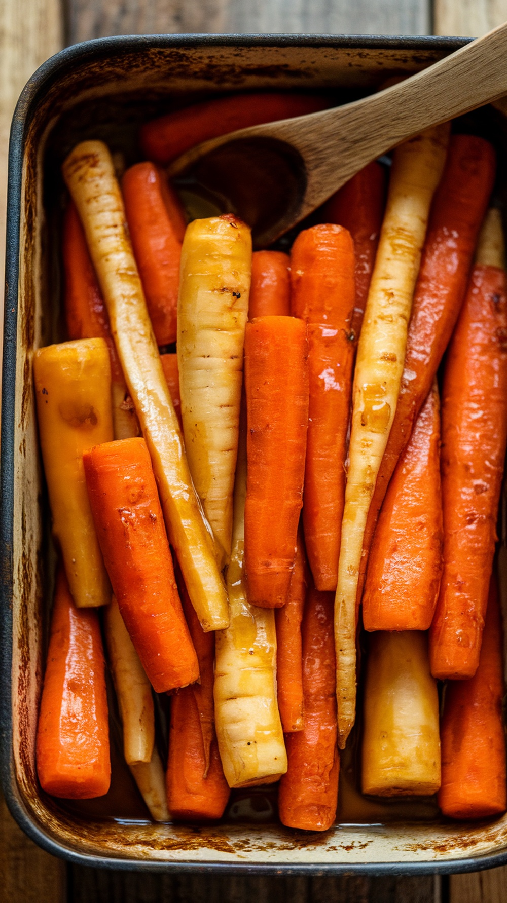 A dish of maple-glazed carrots and parsnips, showcasing vibrant orange and white vegetables.