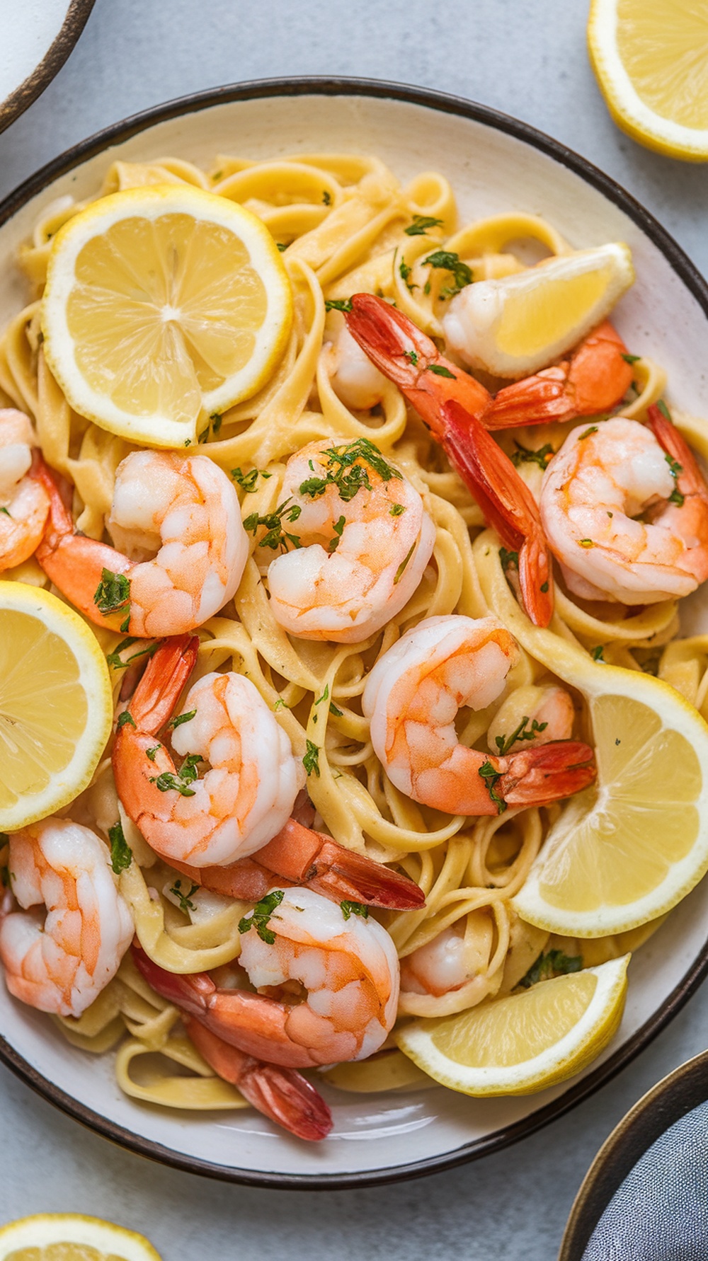 A plate of lemon garlic shrimp pasta garnished with lemon slices and parsley.