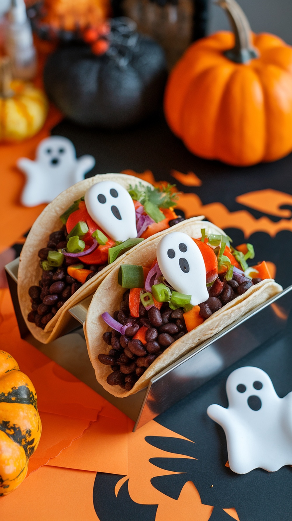 Creepy Crawly Black Bean Tacos with ghost decorations
