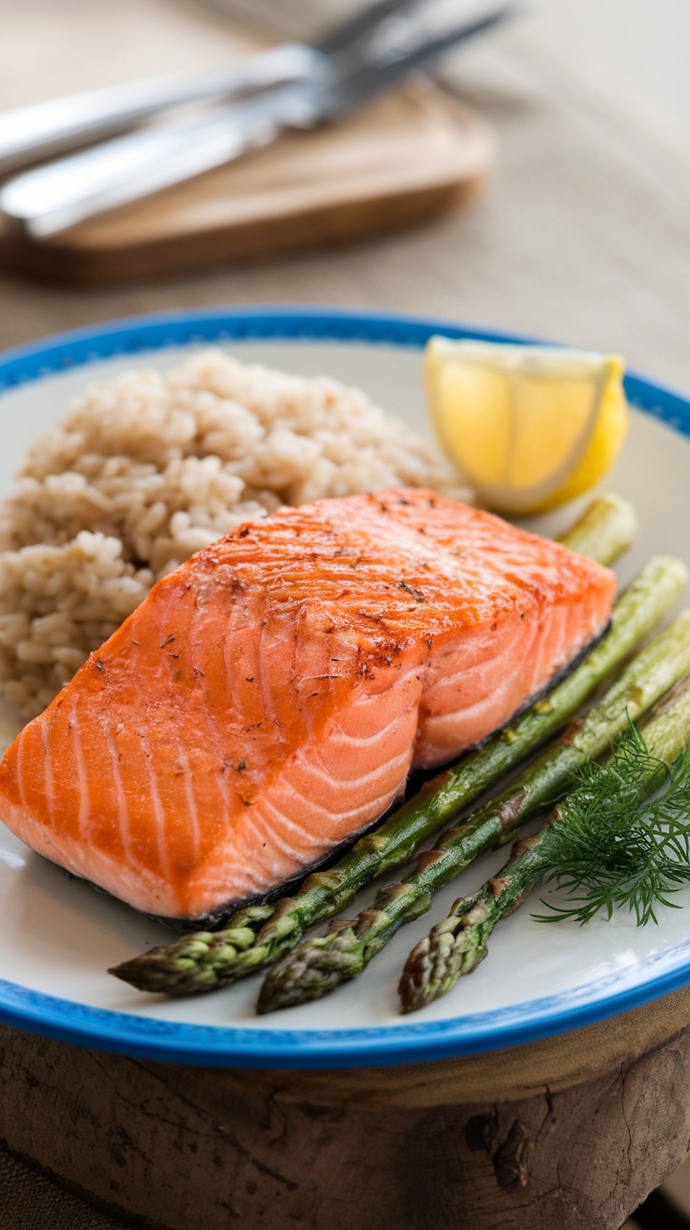A plate of baked salmon fillet with asparagus and brown rice, garnished with lemon.