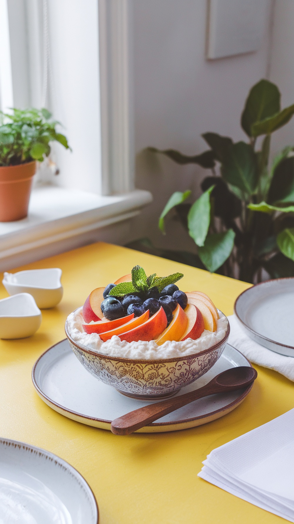A bowl of cottage cheese topped with apple slices, blueberries, and mint leaves on a yellow table.