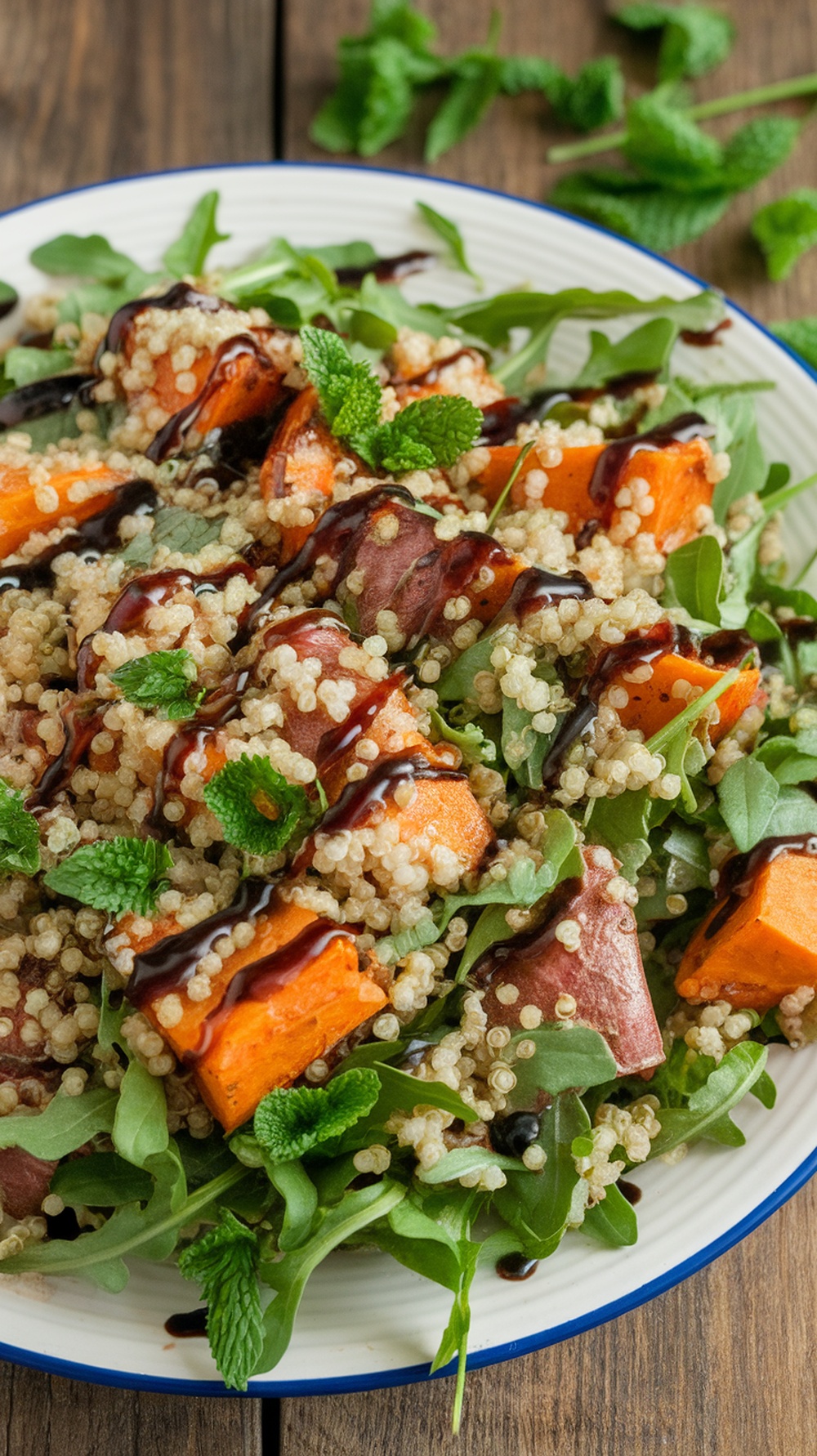 A vibrant quinoa and sweet potato salad with arugula and mint.