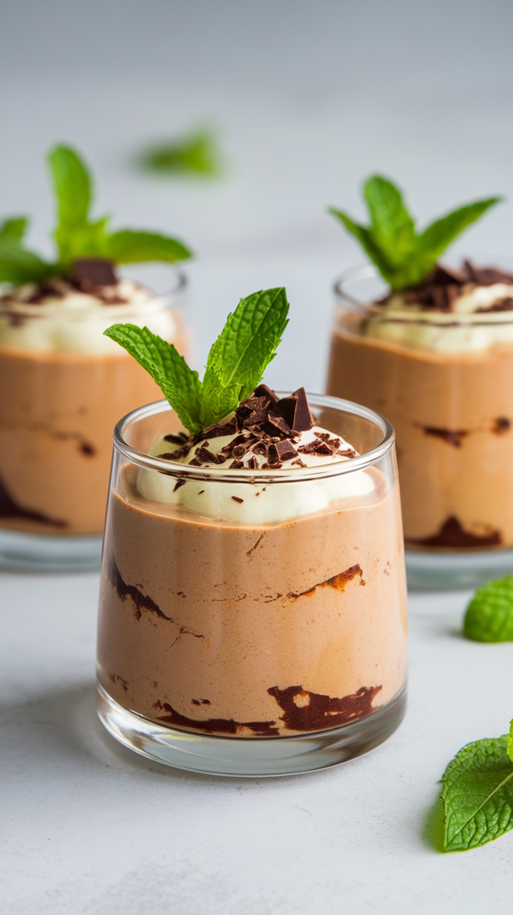 Delicious avocado chocolate mousse served in clear glasses, topped with whipped cream, chocolate shavings, and mint leaves.