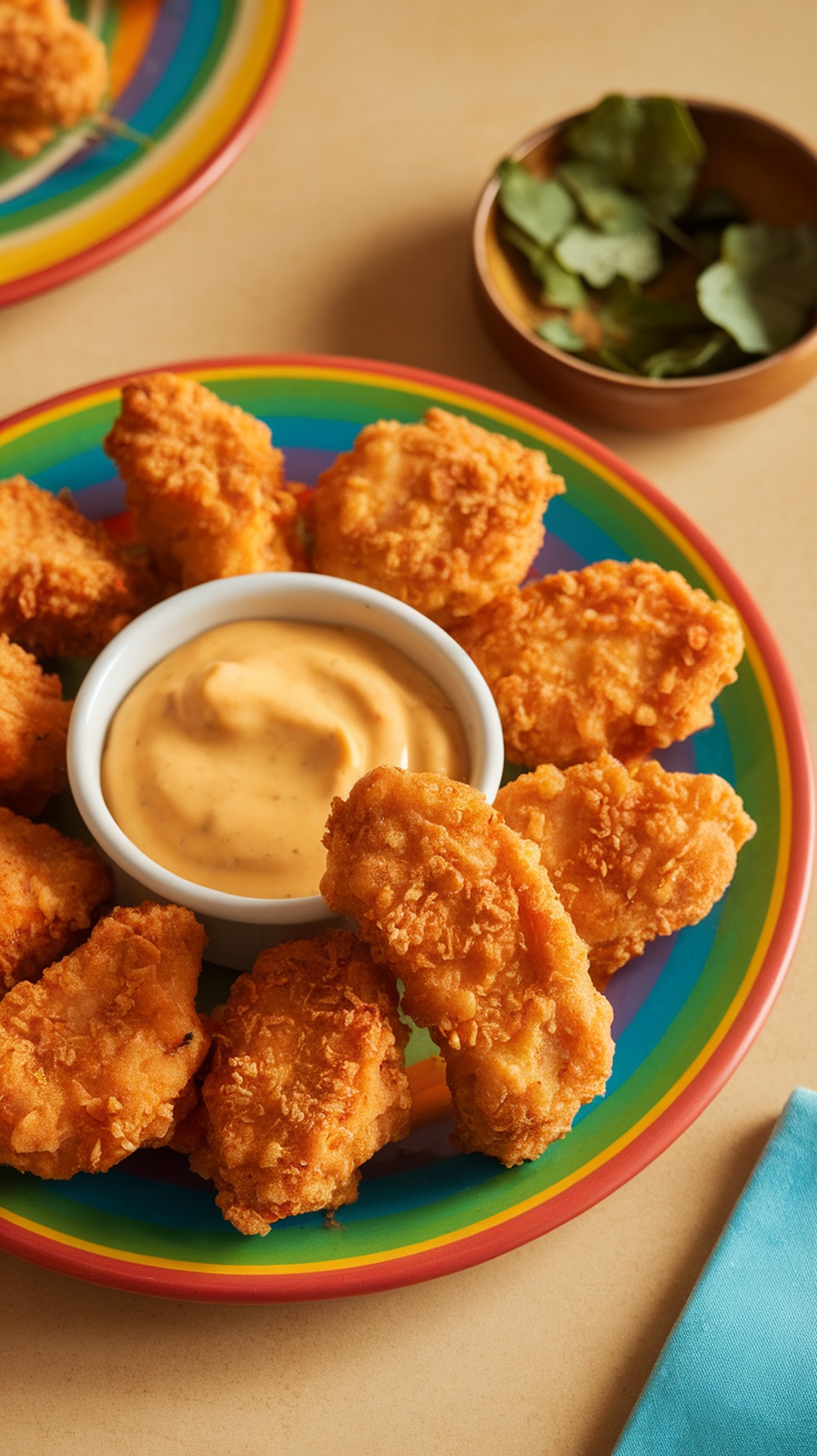 A colorful plate of baked chicken nuggets arranged around a bowl of honey mustard dip.