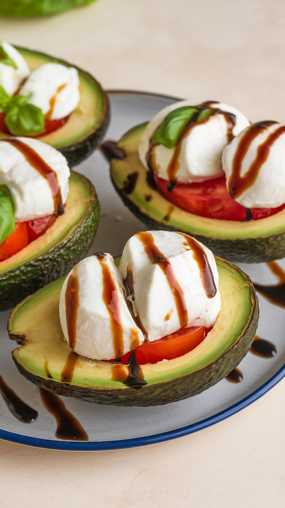 Caprese stuffed avocados with mozzarella, tomatoes, and basil drizzled with balsamic glaze.