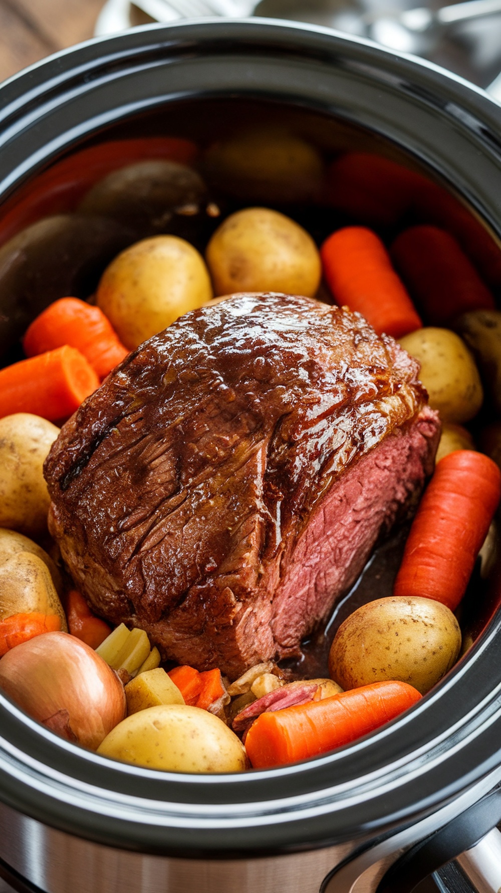 A slow cooker filled with a pot roast surrounded by carrots, potatoes, and onions.