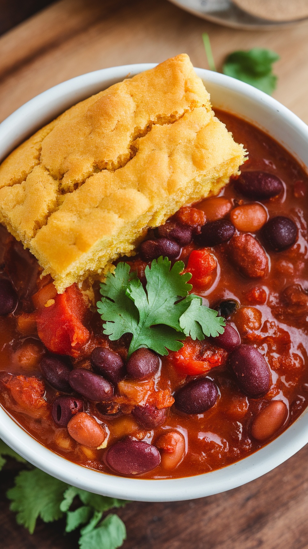 A bowl of hearty bean chili topped with cilantro and a piece of cornbread on the side.