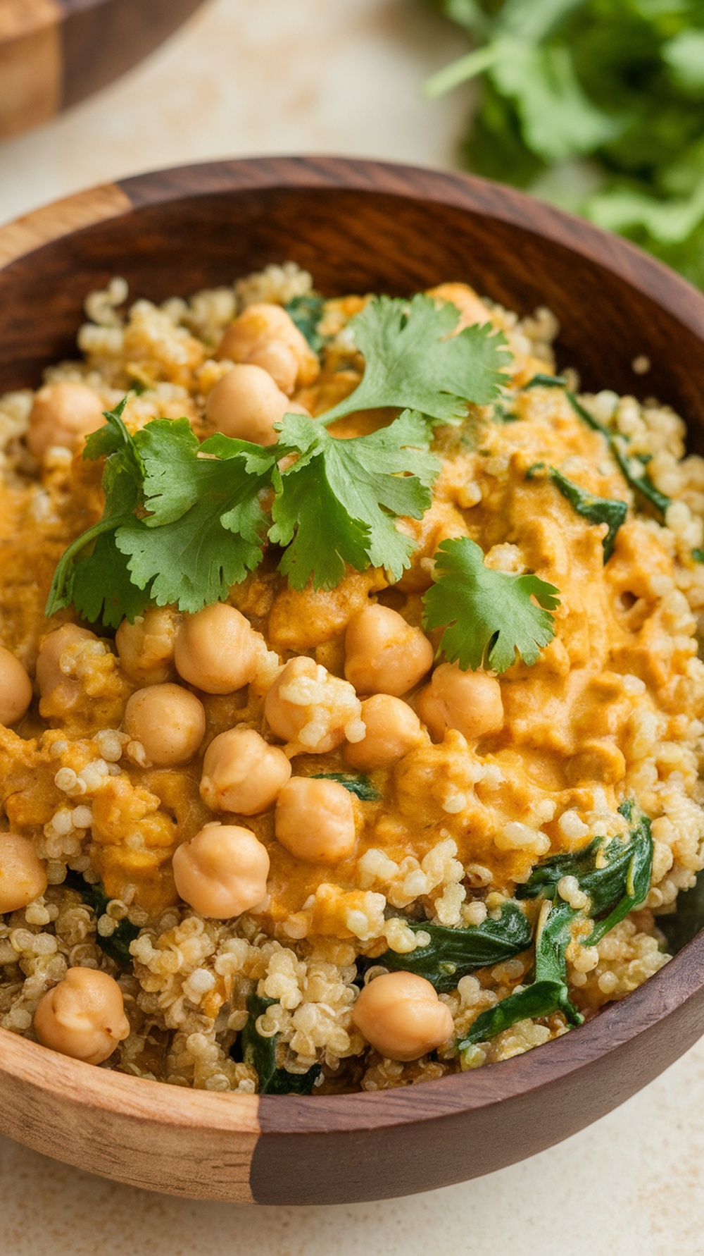 A bowl of coconut curry quinoa topped with chickpeas and fresh cilantro.
