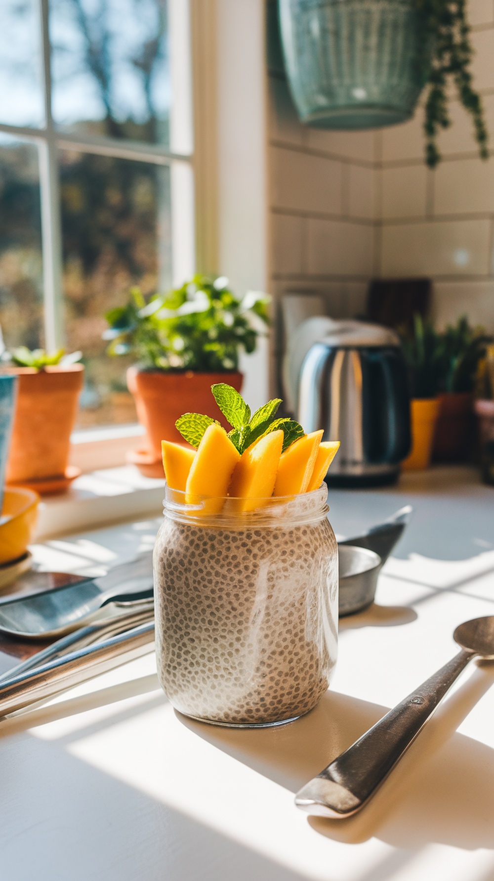 Chia seed pudding topped with mango slices and mint in a jar on a sunny kitchen table.