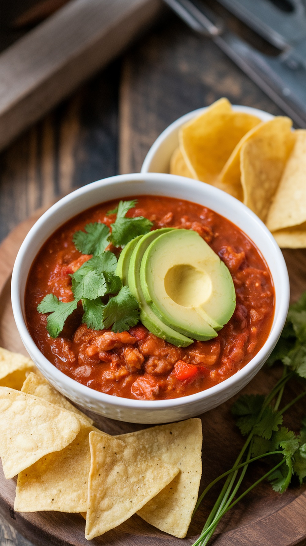 A bowl of turkey chili topped with avocado slices and cilantro, served with tortilla chips.