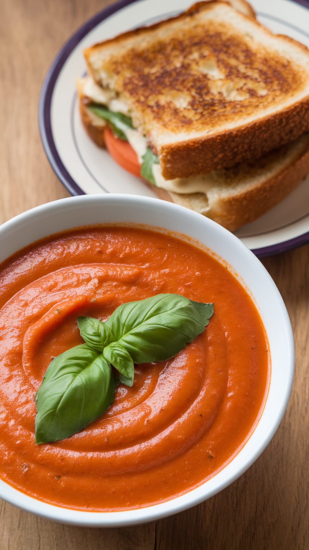 A bowl of creamy tomato basil bisque garnished with fresh basil leaves, alongside a grilled cheese sandwich.