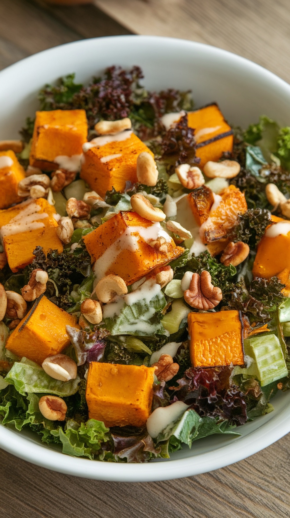 A vibrant roasted pumpkin and kale salad with nuts and dressing.
