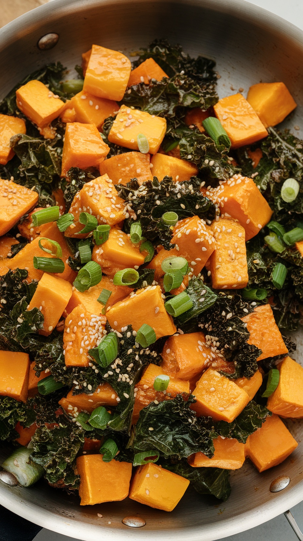 A colorful stir-fry of butternut squash and kale with sesame seeds and green onions.
