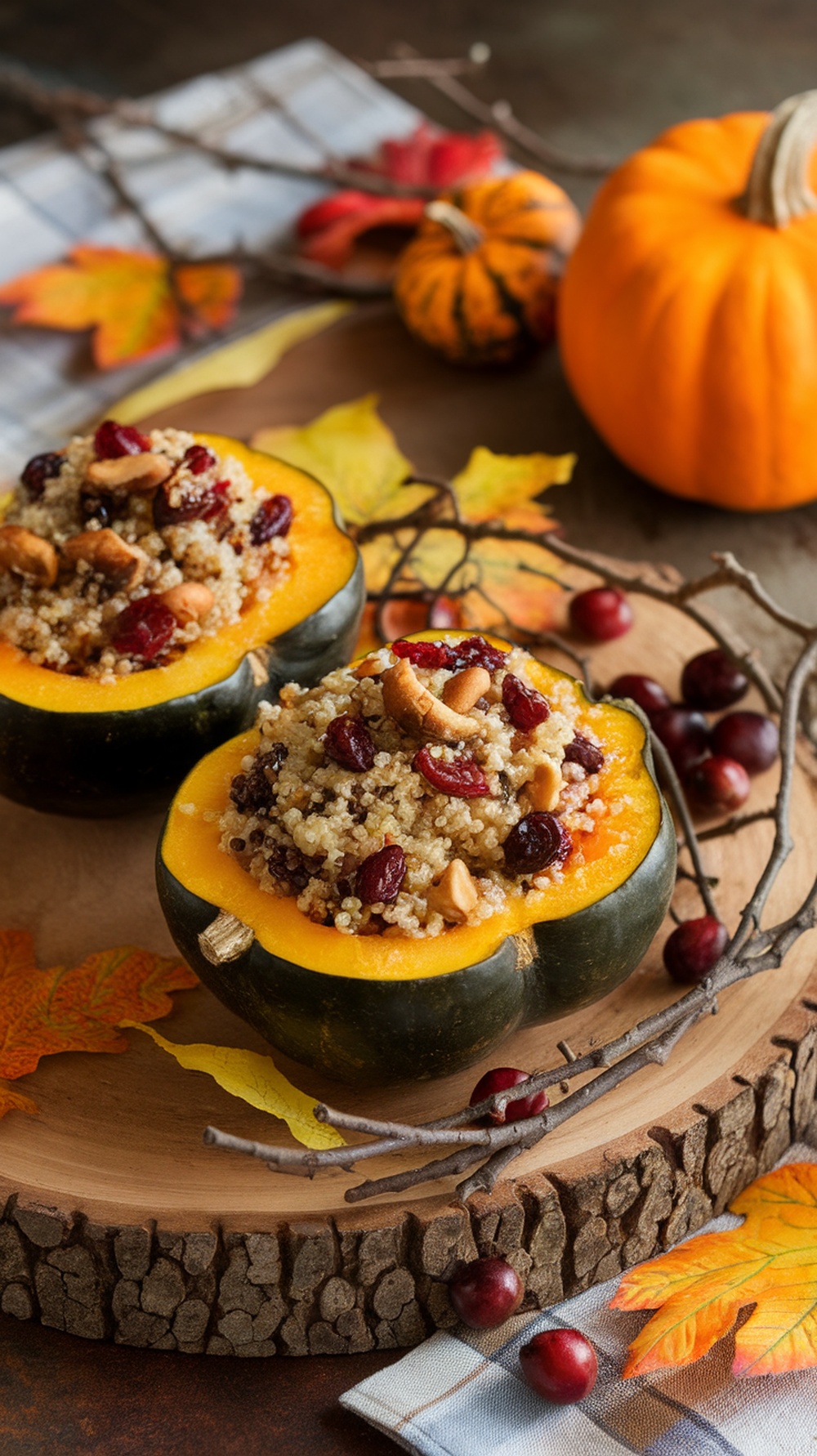 Stuffed acorn squash with quinoa and cranberries on a wooden platter surrounded by autumn leaves and small pumpkins.