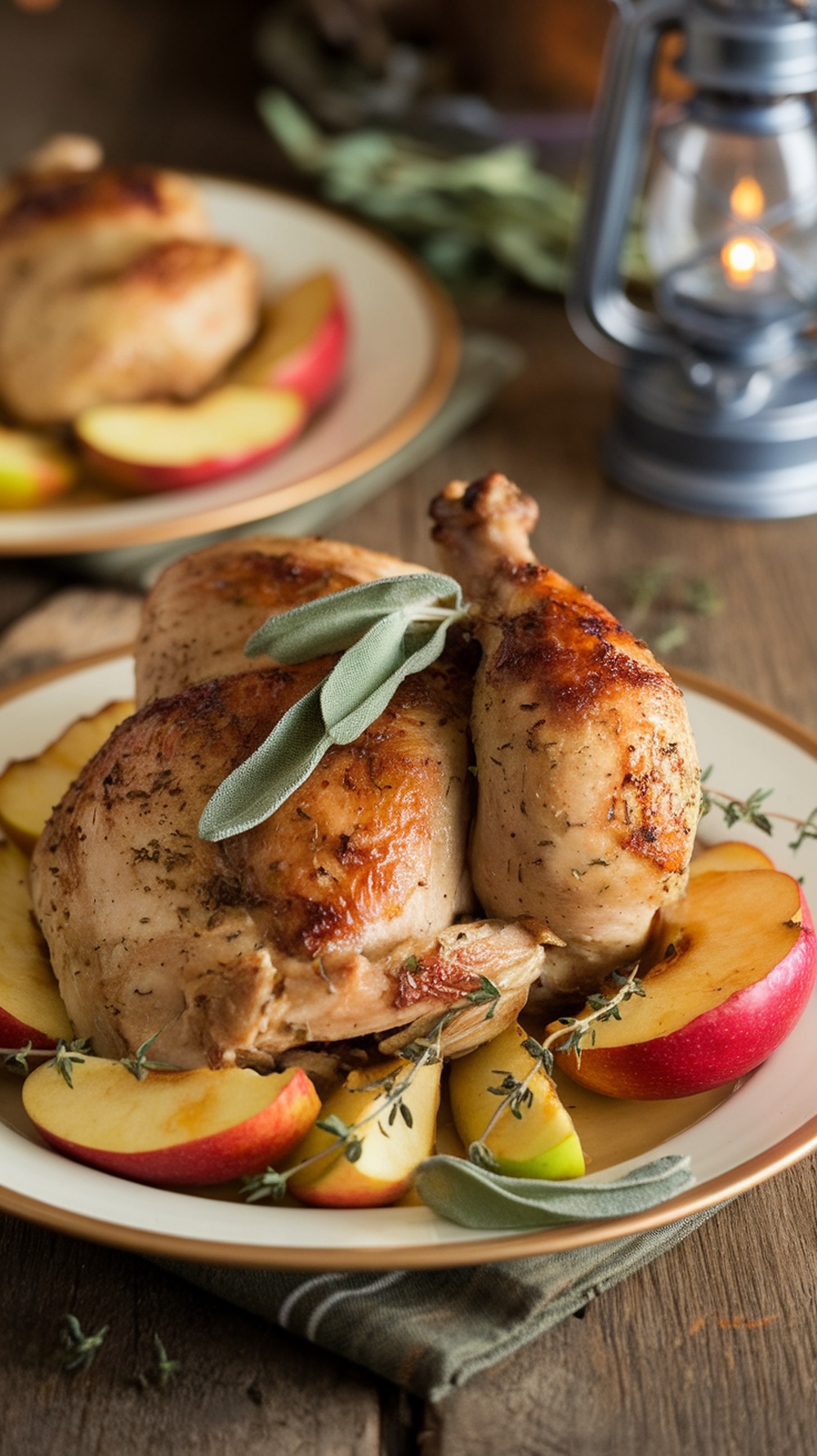 A beautifully plated dish of roasted chicken thighs with apple slices and sage, set on a rustic wooden table.
