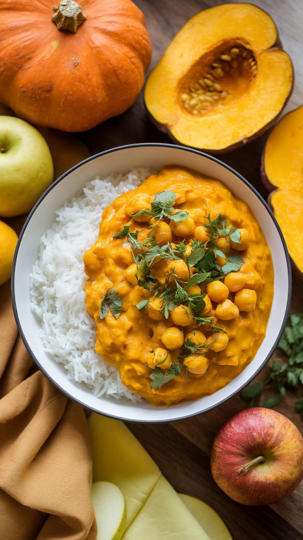 A bowl of pumpkin and chickpea curry served over rice, surrounded by fresh vegetables and fruits.