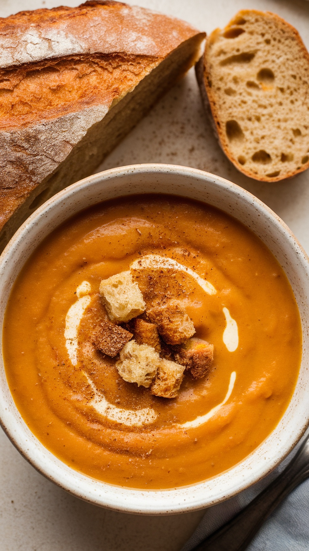 A bowl of creamy spiced butternut squash soup topped with croutons, accompanied by slices of crusty bread.