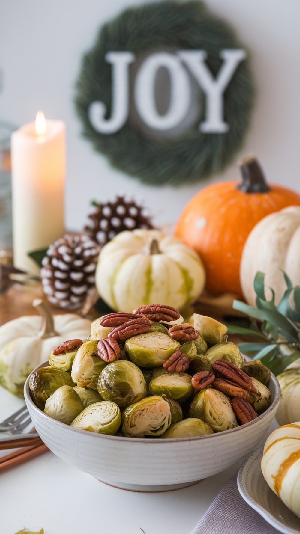 A bowl of maple glazed Brussels sprouts topped with pecans, surrounded by decorative pumpkins and pinecones.