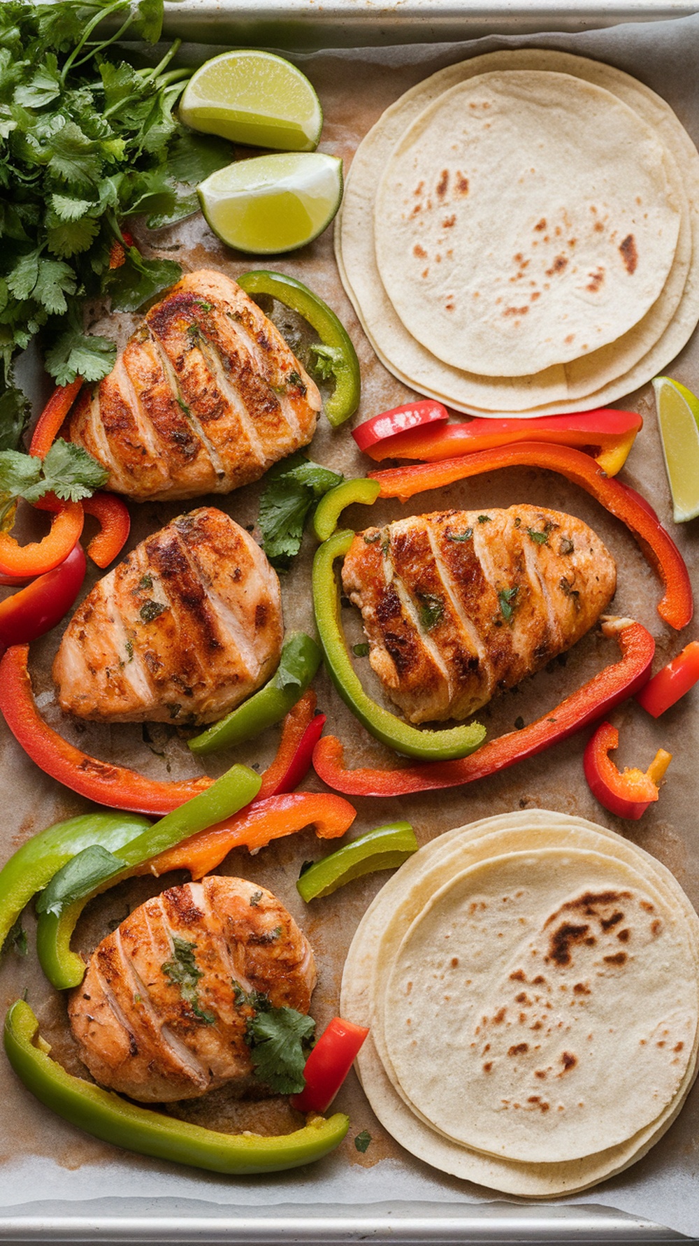 Cilantro Lime Chicken Fajitas on a sheet pan with chicken, bell peppers, and tortillas.