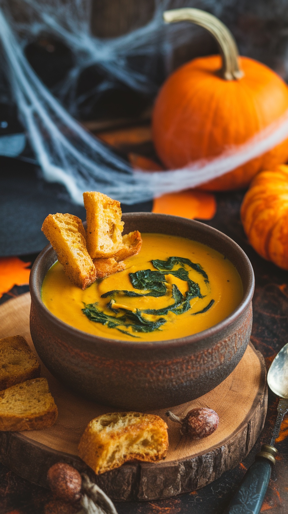 A bowl of pumpkin and spinach soup topped with croutons, surrounded by pumpkins and Halloween decorations.