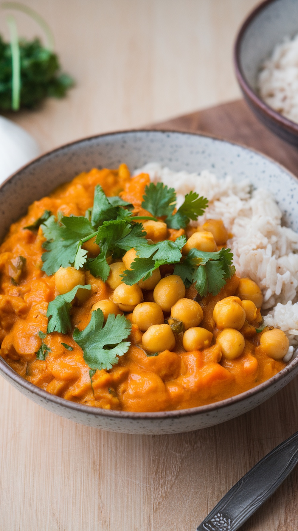 A bowl of pumpkin chickpea curry with rice and cilantro on top.