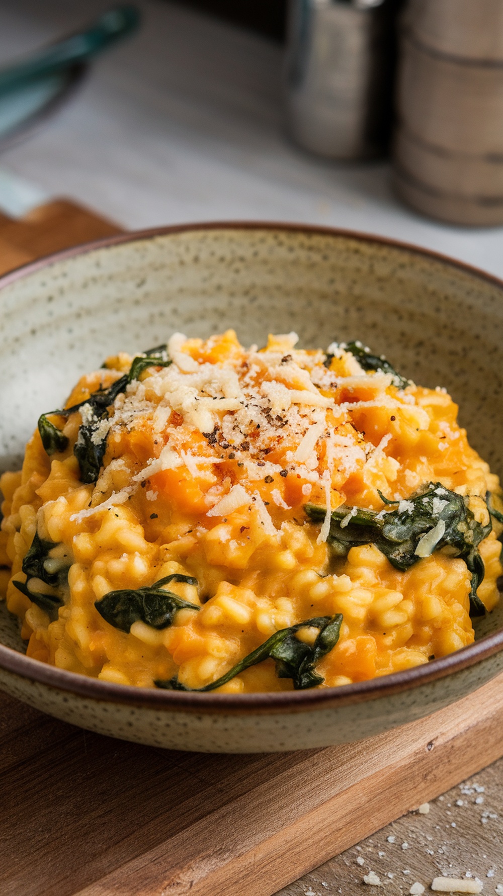A bowl of creamy pumpkin and spinach risotto topped with grated cheese.