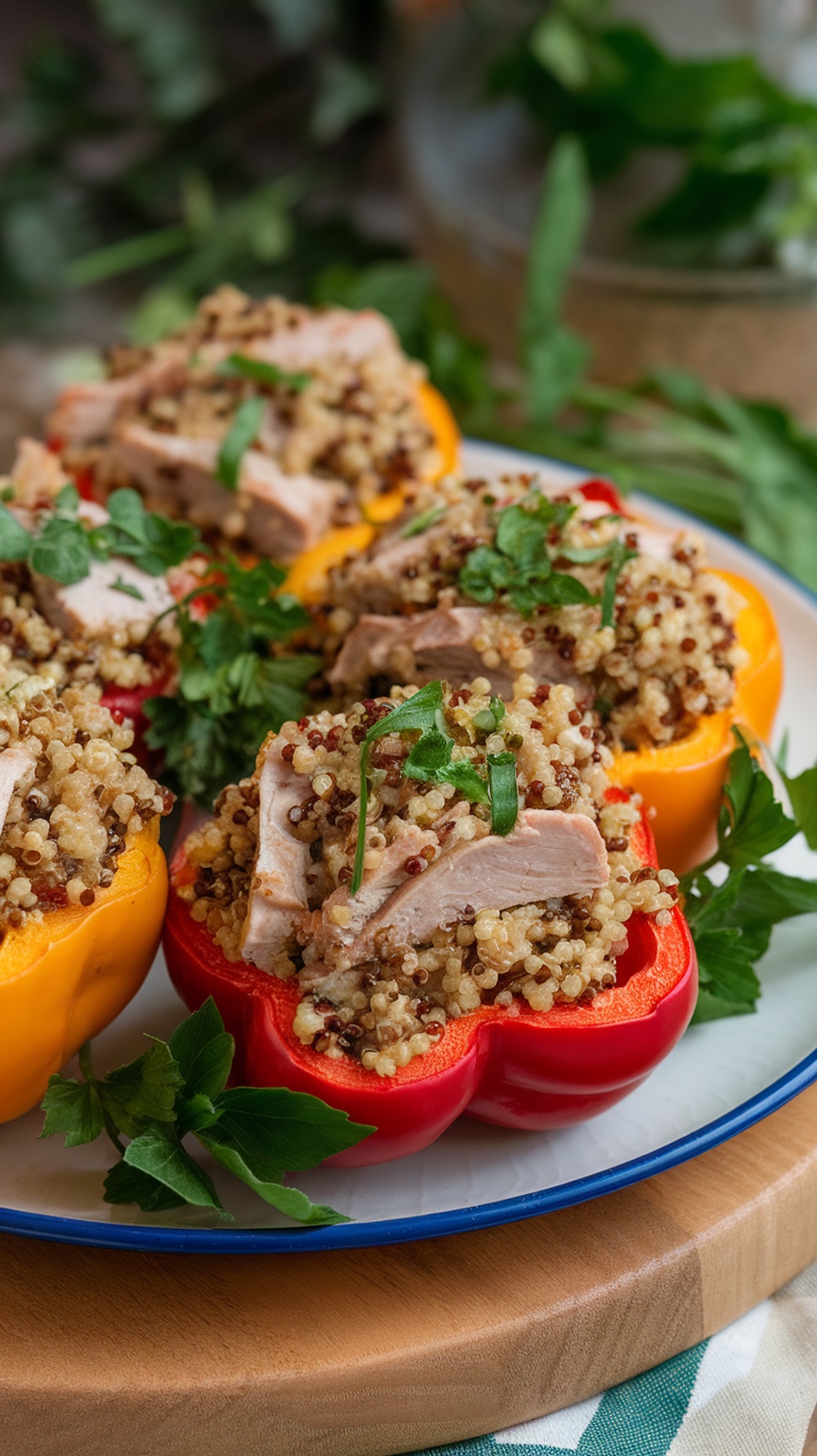 Turkey and quinoa stuffed peppers on a plate garnished with parsley