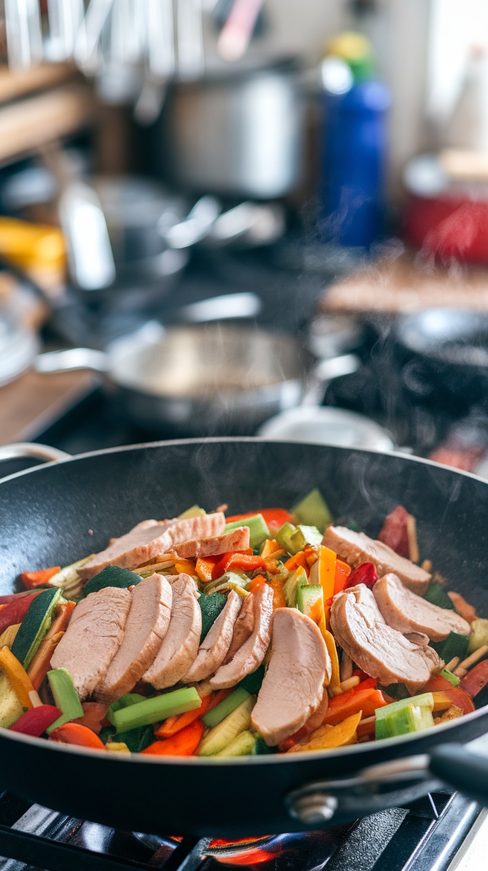 A colorful turkey and vegetable stir-fry in a skillet.